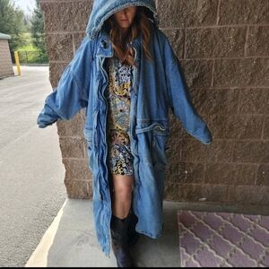 Vintage American Male Denim Duster Coat Hooded Toggle Quilted 90s Grunge Parka X